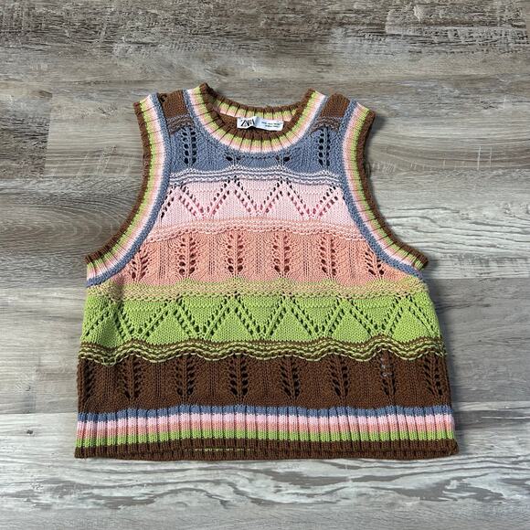 Zara Knit Sweater Vest Multicolor Cotton Retro Stripe Indie Sleaze Y2K Small - Picture 1 of 6